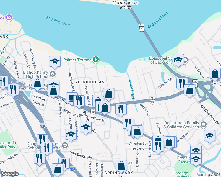 map of restaurants, bars, coffee shops, grocery stores, and more near 3334 Olive Street in Jacksonville