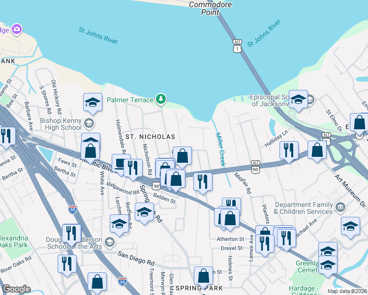 map of restaurants, bars, coffee shops, grocery stores, and more near 3334 Olive Street in Jacksonville