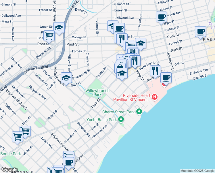 map of restaurants, bars, coffee shops, grocery stores, and more near in Jacksonville