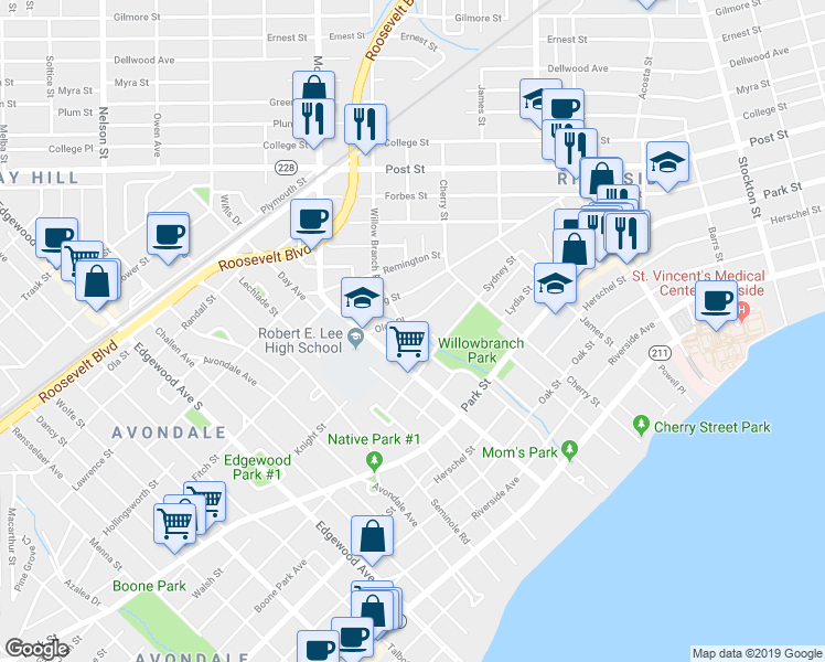map of restaurants, bars, coffee shops, grocery stores, and more near 1218 Willow Branch Avenue in Jacksonville