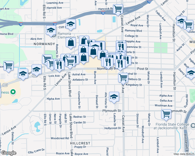map of restaurants, bars, coffee shops, grocery stores, and more near 5154 Attleboro Street in Jacksonville