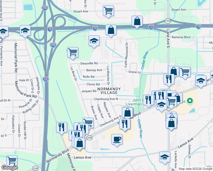 map of restaurants, bars, coffee shops, grocery stores, and more near 6935 Arques Road in Jacksonville