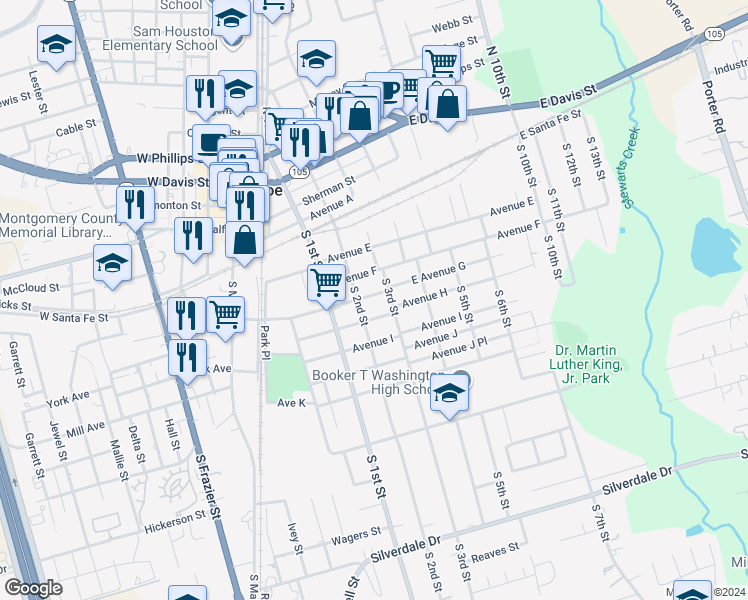 map of restaurants, bars, coffee shops, grocery stores, and more near 500 South 3rd Street in Conroe