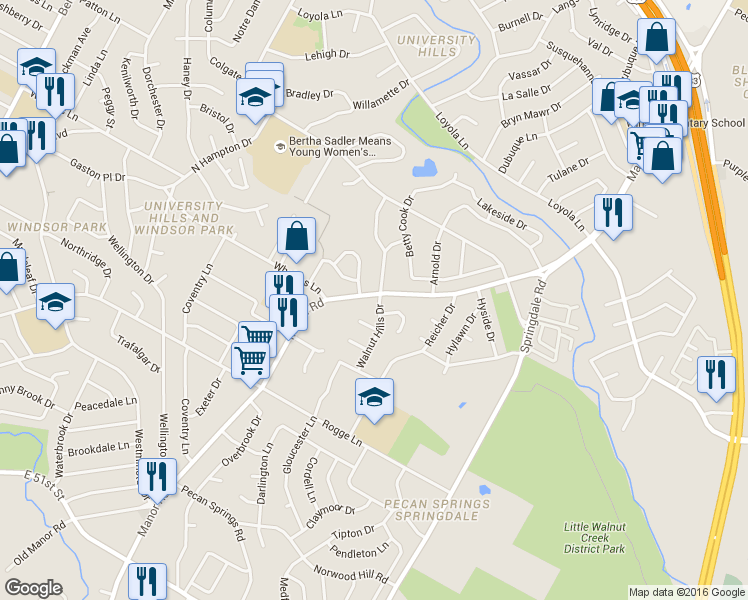 map of restaurants, bars, coffee shops, grocery stores, and more near 6107 Manor Road in Austin