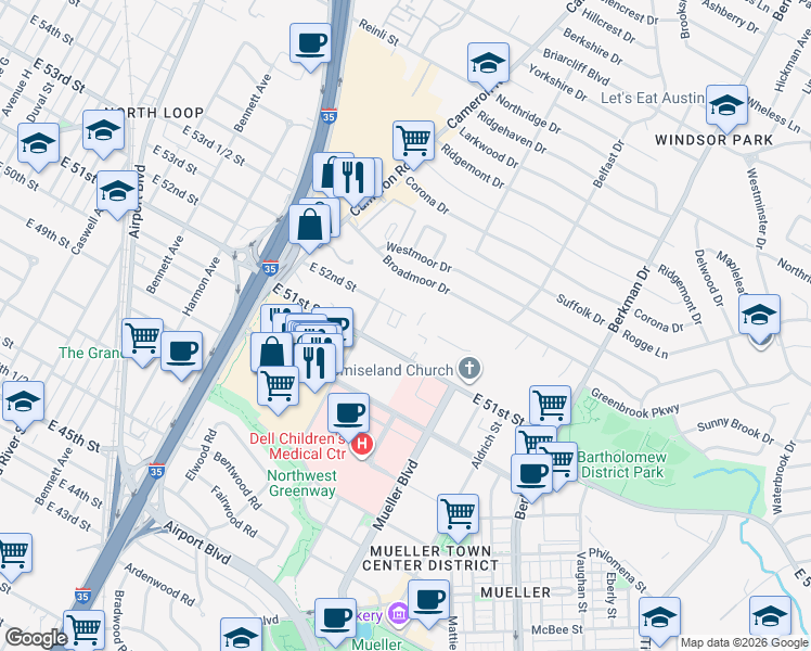 map of restaurants, bars, coffee shops, grocery stores, and more near 1320 East 51st Street in Austin