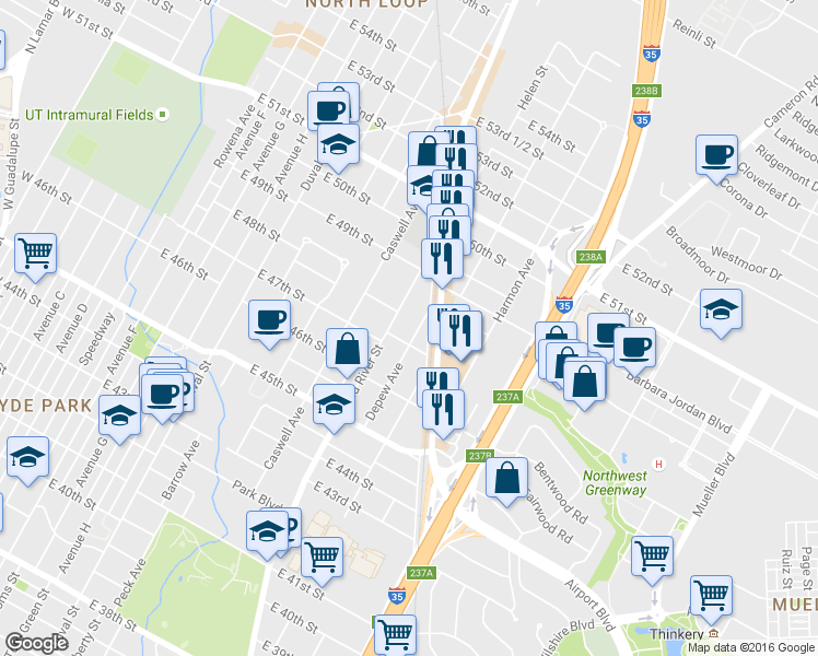 map of restaurants, bars, coffee shops, grocery stores, and more near 4625 Red River Street in Austin