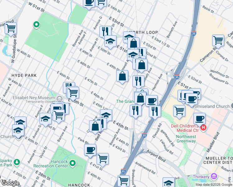 map of restaurants, bars, coffee shops, grocery stores, and more near 803 East 47th Street in Austin
