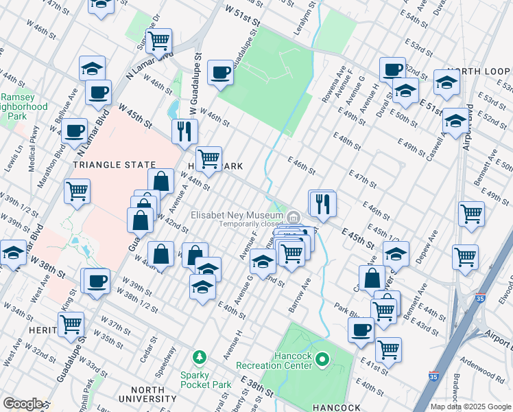 map of restaurants, bars, coffee shops, grocery stores, and more near 4404 Avenue F in Austin