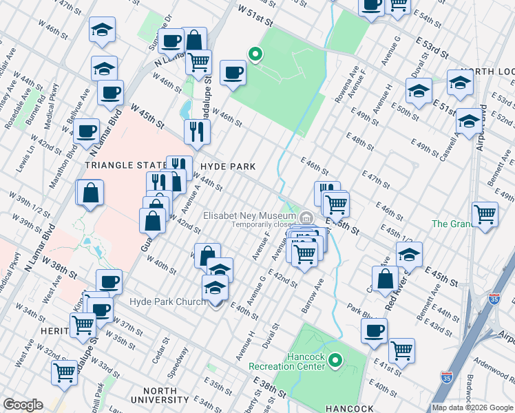 map of restaurants, bars, coffee shops, grocery stores, and more near 4310 Speedway in Austin
