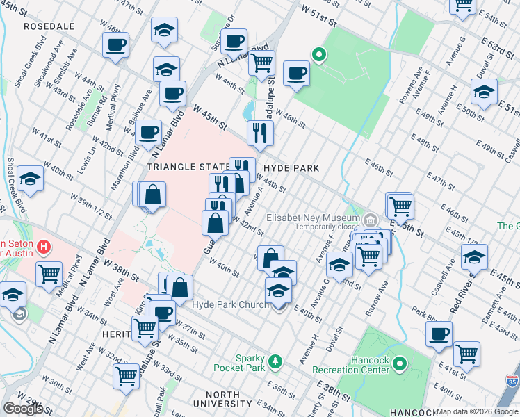 map of restaurants, bars, coffee shops, grocery stores, and more near 311 West 43rd Street in Austin