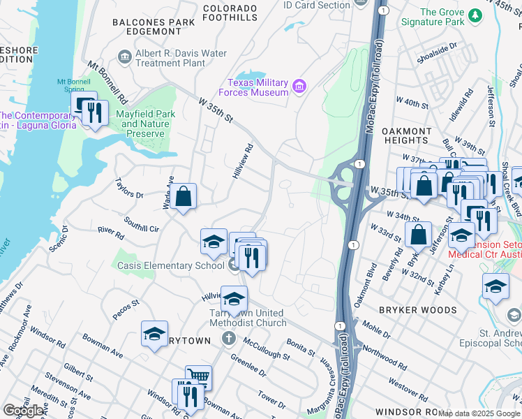 map of restaurants, bars, coffee shops, grocery stores, and more near 2703 Mountain Laurel Lane in Austin