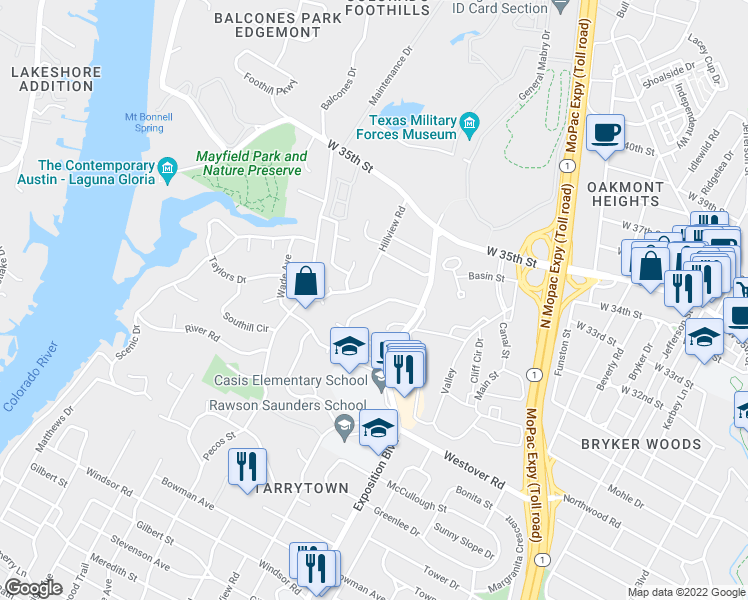 map of restaurants, bars, coffee shops, grocery stores, and more near 2712 Mountain Laurel Lane in Austin