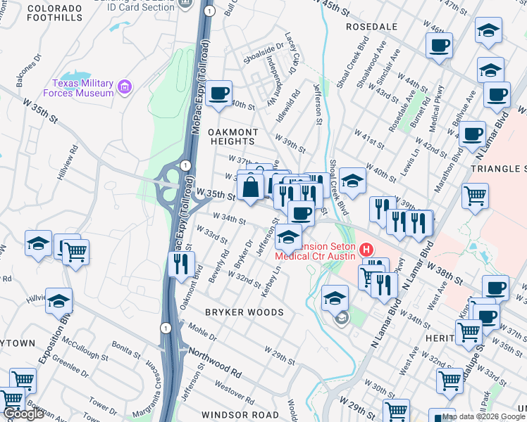 map of restaurants, bars, coffee shops, grocery stores, and more near 1701 West 35th Street in Austin