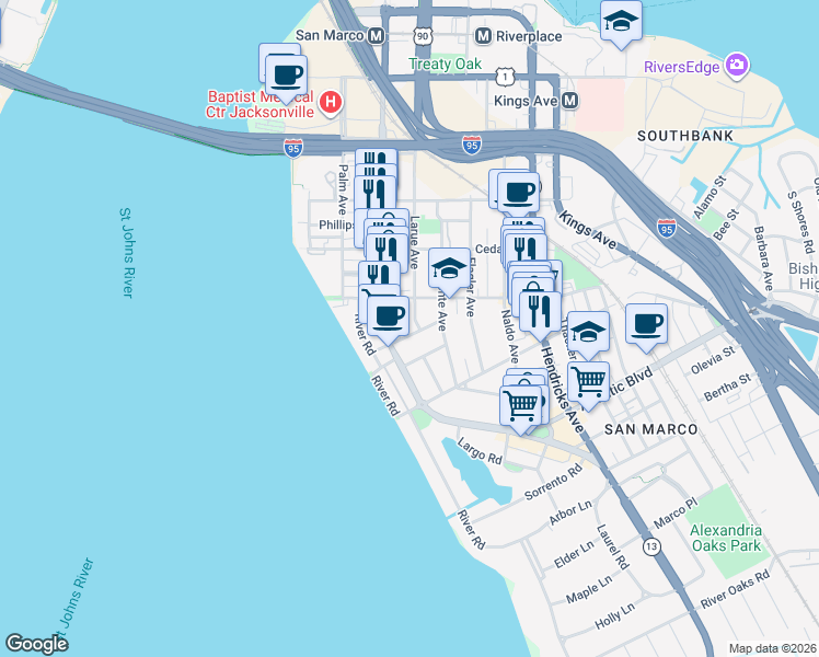 map of restaurants, bars, coffee shops, grocery stores, and more near 1667 San Marco Boulevard in Jacksonville