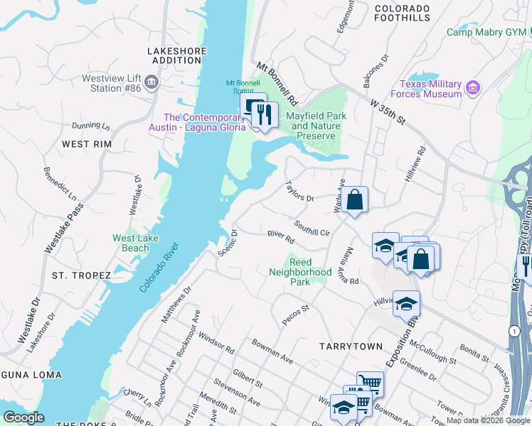 map of restaurants, bars, coffee shops, grocery stores, and more near 3507 Scenic Hills Drive in Austin