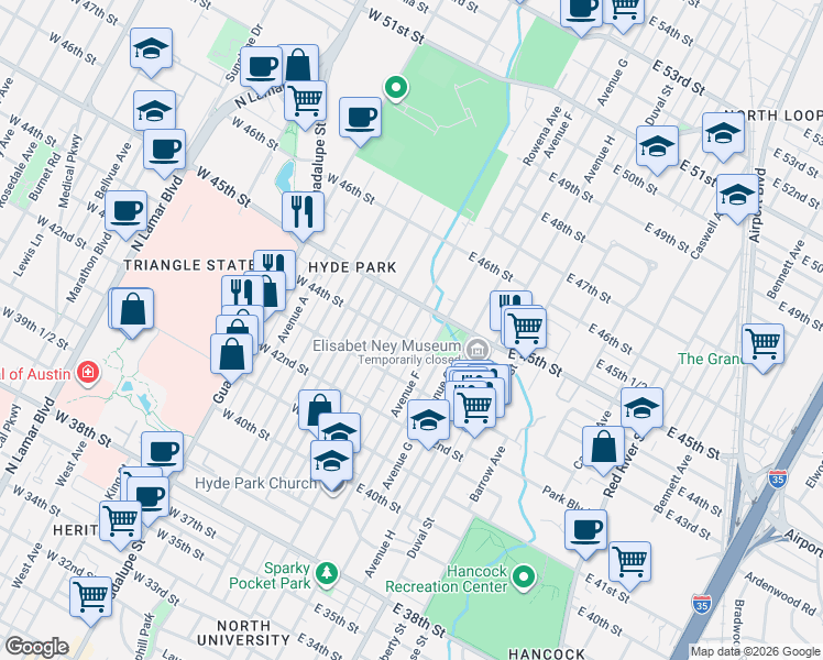 map of restaurants, bars, coffee shops, grocery stores, and more near 4310 Speedway in Austin