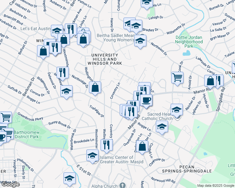 map of restaurants, bars, coffee shops, grocery stores, and more near 2502 Lansbury Drive in Austin