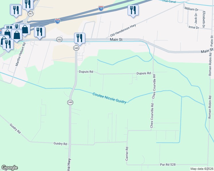 map of restaurants, bars, coffee shops, grocery stores, and more near 1060 Dupuis Road in Breaux Bridge