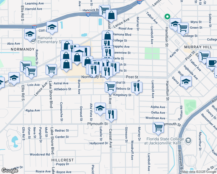map of restaurants, bars, coffee shops, grocery stores, and more near 1065 Cassat Avenue in Jacksonville