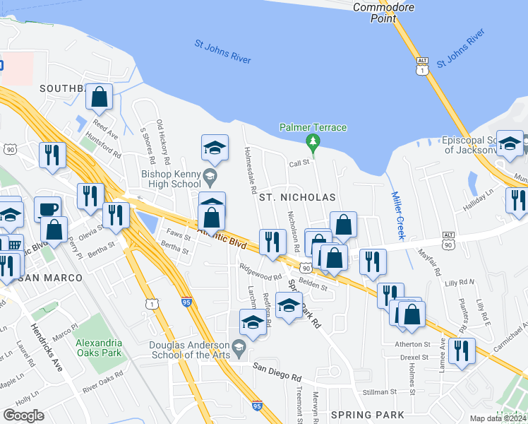 map of restaurants, bars, coffee shops, grocery stores, and more near 1351 Holmesdale Road in Jacksonville