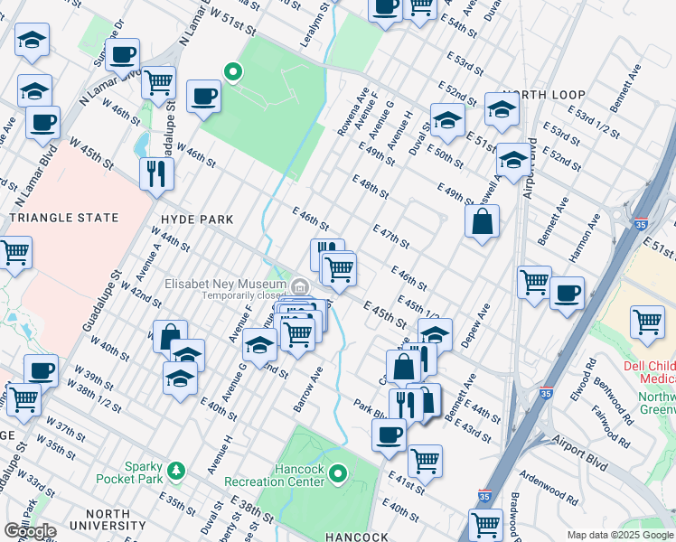 map of restaurants, bars, coffee shops, grocery stores, and more near 4520 Duval Street in Austin