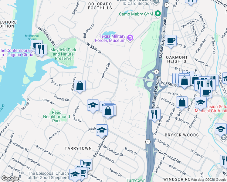 map of restaurants, bars, coffee shops, grocery stores, and more near 2703 Mountain Laurel Lane in Austin
