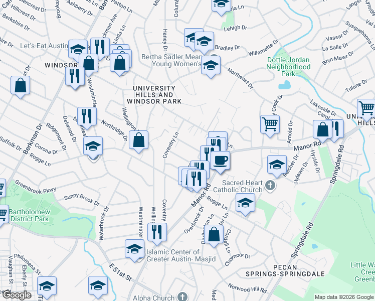map of restaurants, bars, coffee shops, grocery stores, and more near 2600 Lansbury Drive in Austin