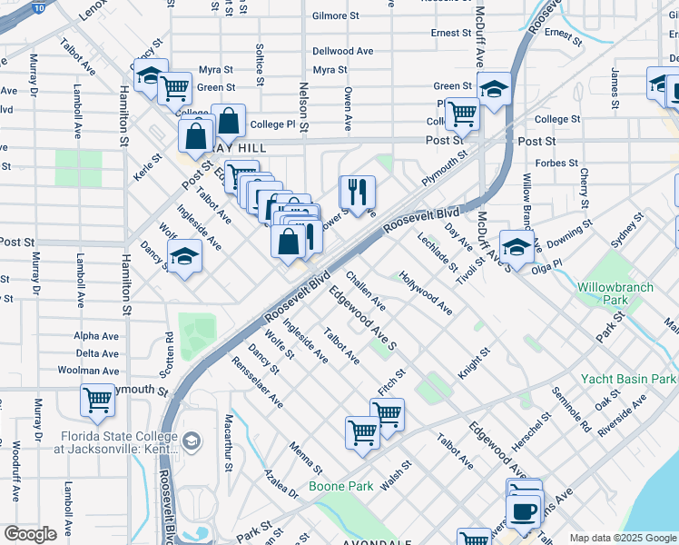 map of restaurants, bars, coffee shops, grocery stores, and more near 1217 Edgewood Avenue South in Jacksonville