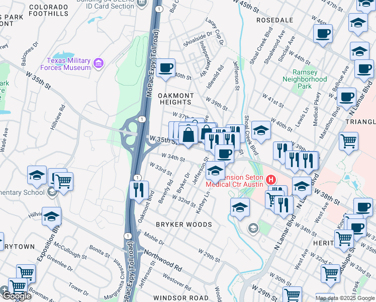 map of restaurants, bars, coffee shops, grocery stores, and more near 1811 West 35th Street in Austin