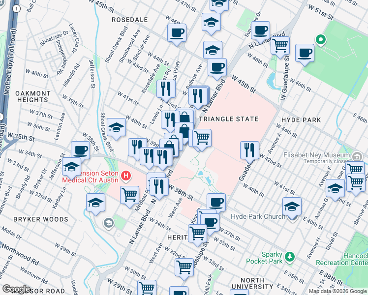 map of restaurants, bars, coffee shops, grocery stores, and more near N Lamar Blvd & W 40th St in Austin