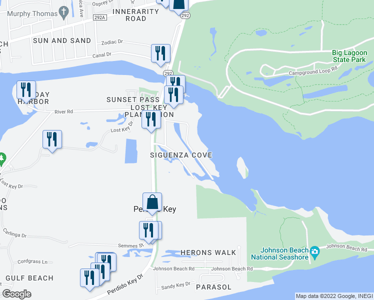 map of restaurants, bars, coffee shops, grocery stores, and more near 6221 Siguenza Drive in Pensacola