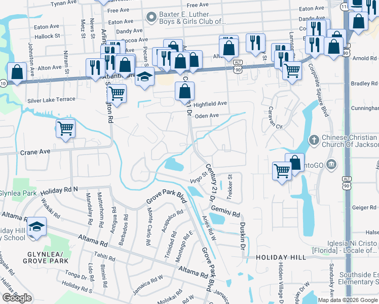 map of restaurants, bars, coffee shops, grocery stores, and more near 537 Eiseman Way in Jacksonville