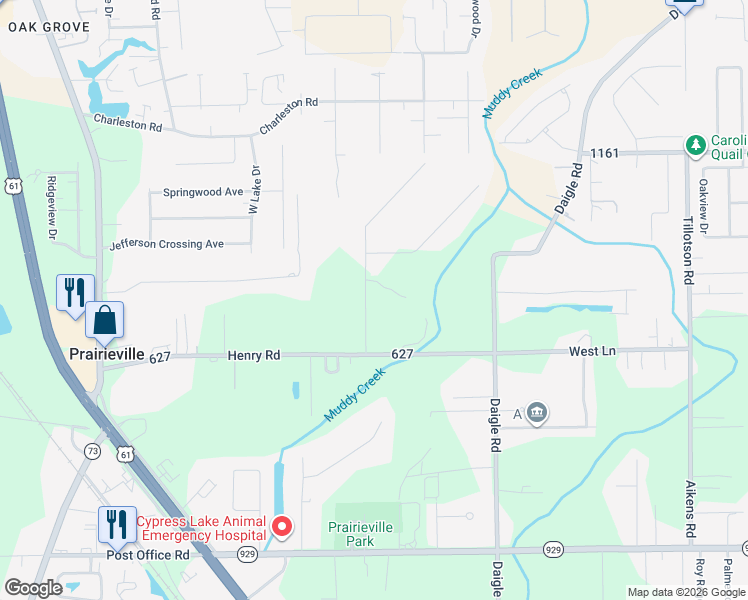map of restaurants, bars, coffee shops, grocery stores, and more near 38354 Henry Road in Prairieville