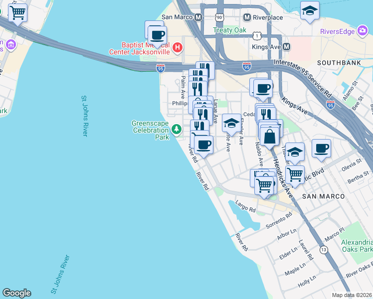 map of restaurants, bars, coffee shops, grocery stores, and more near 1662 River Road in Jacksonville