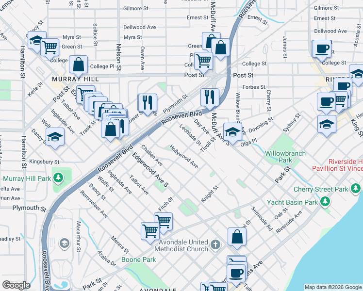 map of restaurants, bars, coffee shops, grocery stores, and more near 1280 Belvedere Avenue in Jacksonville