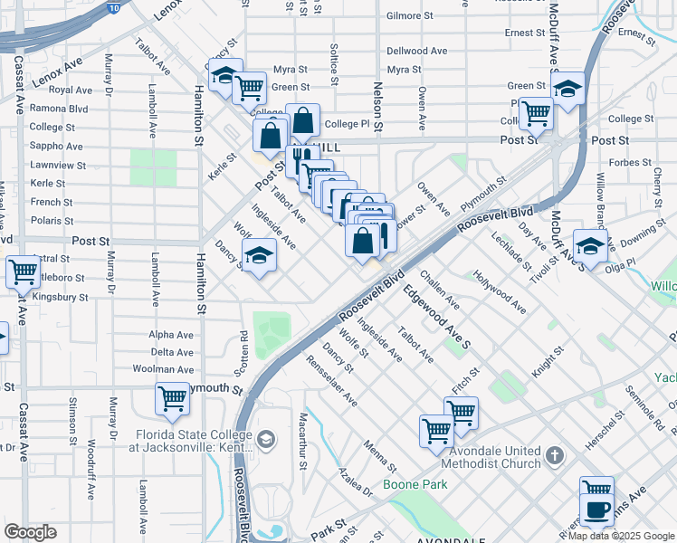 map of restaurants, bars, coffee shops, grocery stores, and more near 3615 Mayflower Street in Jacksonville