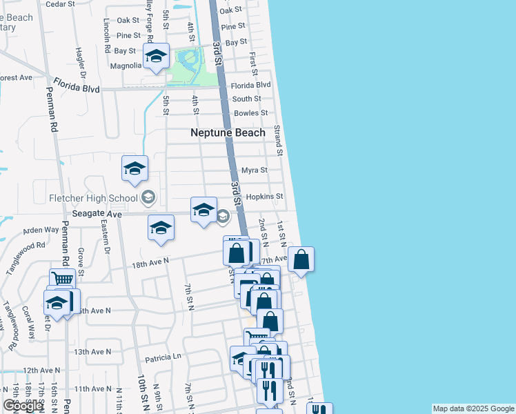 map of restaurants, bars, coffee shops, grocery stores, and more near 202 20th Avenue North in Jacksonville Beach