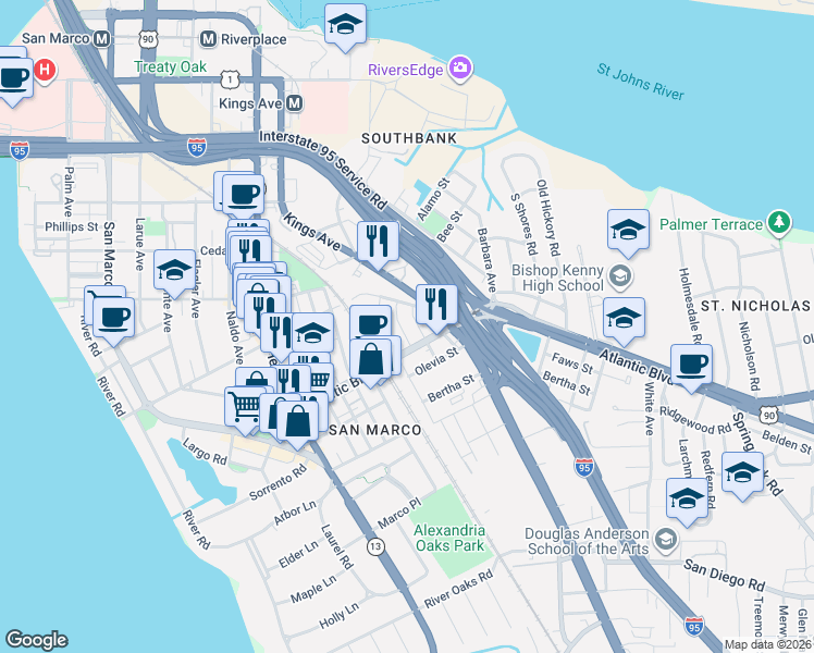 map of restaurants, bars, coffee shops, grocery stores, and more near 1921 Perry Place in Jacksonville