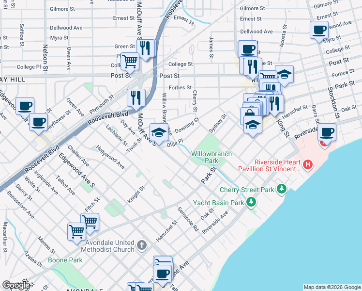 map of restaurants, bars, coffee shops, grocery stores, and more near 1218 Willow Branch Avenue in Jacksonville