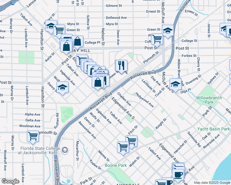 map of restaurants, bars, coffee shops, grocery stores, and more near 1217 Edgewood Avenue South in Jacksonville
