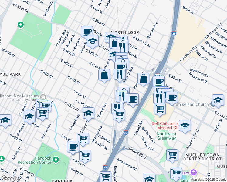 map of restaurants, bars, coffee shops, grocery stores, and more near 4709 Depew Avenue in Austin