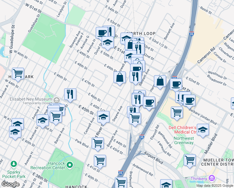 map of restaurants, bars, coffee shops, grocery stores, and more near 4625 Red River Street in Austin