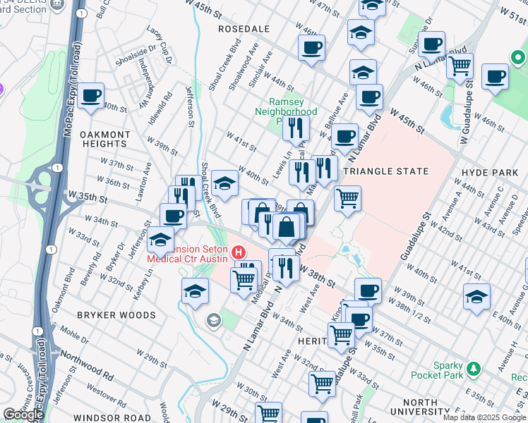 map of restaurants, bars, coffee shops, grocery stores, and more near 1218 West 39th Street in Austin