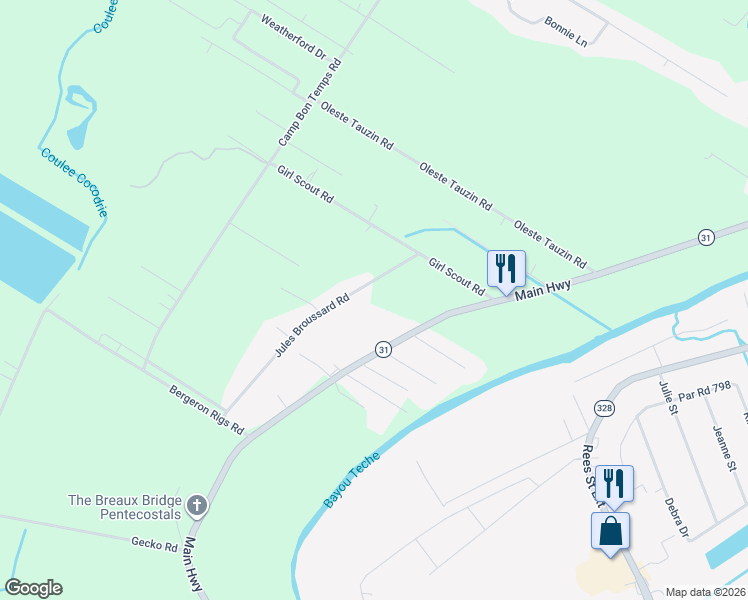 map of restaurants, bars, coffee shops, grocery stores, and more near 1041 Jules Broussard Road in Breaux Bridge