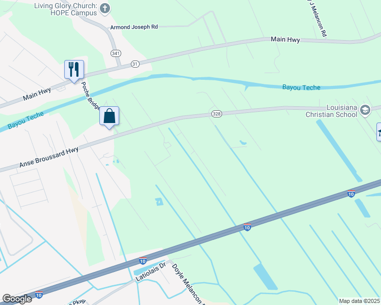 map of restaurants, bars, coffee shops, grocery stores, and more near 1036 Gail Road in Breaux Bridge