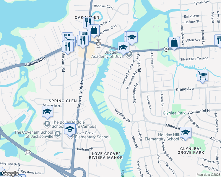 map of restaurants, bars, coffee shops, grocery stores, and more near 6219 Gloucester Road in Jacksonville