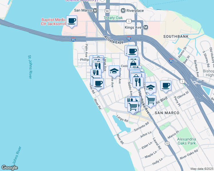 map of restaurants, bars, coffee shops, grocery stores, and more near 1643 Larue Avenue in Jacksonville