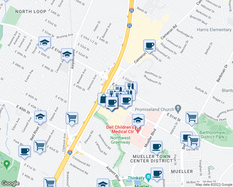 map of restaurants, bars, coffee shops, grocery stores, and more near 51 in Austin