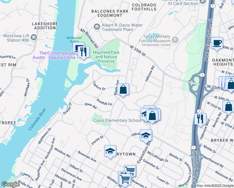 map of restaurants, bars, coffee shops, grocery stores, and more near 2801 Pecos Street in Austin