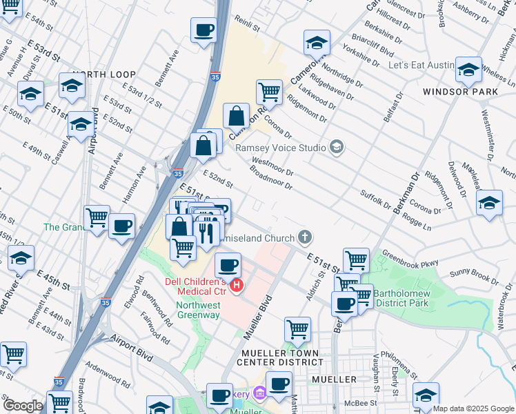 map of restaurants, bars, coffee shops, grocery stores, and more near 1308 East 51st Street in Austin